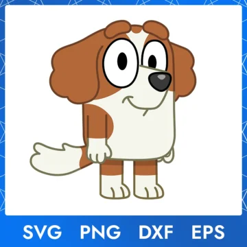 Illustration of the cartoon character Bluey Bentley from the show Bluey, available as a digital file in SVG, PNG, DXF, and EPS formats.