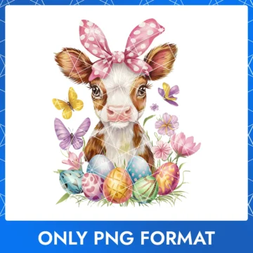 A cute calf wearing a polka dot bow, standing next to flowers and Easter eggs
