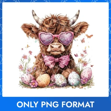 "A cute cow wearing heart-shaped glasses next to colorful Easter eggs