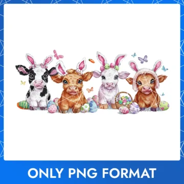 A group of adorable calves wearing bunny ears, playing around Easter eggs