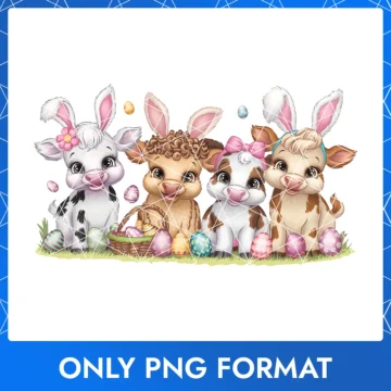A group of playful calves having fun with a colorful Easter egg basket