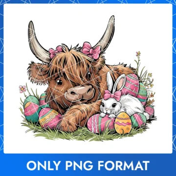 A longhorn cow relaxing, lying next to a small rabbit and vibrant Easter eggs