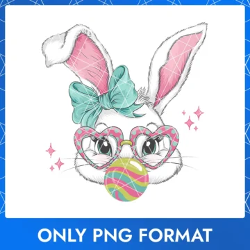 Adorable long-eared bunny wearing a blue bow and stylish heart-shaped glasses, great for Easter crafts.