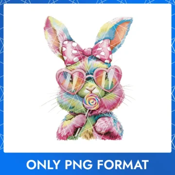 Cute Easter bunny with pink polka dot bow, heart-shaped glasses, and a colorful rainbow lollipop.