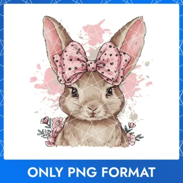 Sweet Easter bunny with a soft pink floral background and a cute pink polka dot bow.