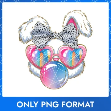 Stylish Easter bunny with a black and white polka dot bow and vibrant heart-shaped glasses.