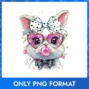 Sweet Easter bunny with a white polka dot bow, pink heart-shaped glasses, and pink bubble gum.