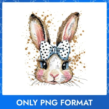 Vintage Easter bunny wearing a black and white polka dot bow, perfect for retro Easter designs.