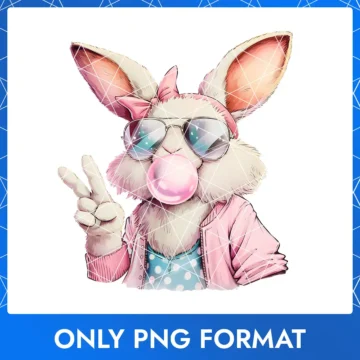 Cool Easter bunny rocking a pink bow, stylish sunglasses, a pink jacket, and playful bubble gum.