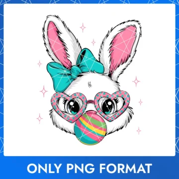 Charming Easter bunny blowing colorful bubble gum while wearing trendy glasses.