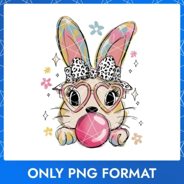 Edgy Easter bunny with a leopard print bow, trendy heart glasses, and bold pink bubble gum.