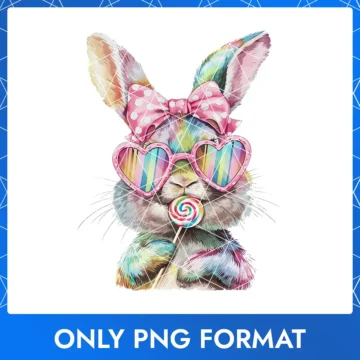 Playful Easter bunny with a pink polka dot bow, rainbow glasses, and a multicolored lollipop.