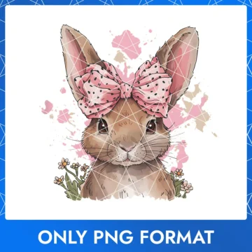 Graceful Easter bunny with a pink polka dot bow and soft pink floral details, perfect for feminine designs.