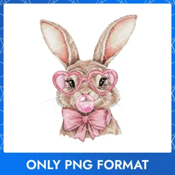 Chic Easter bunny featuring a pink bow, heart glasses, and playful pink bubble gum.