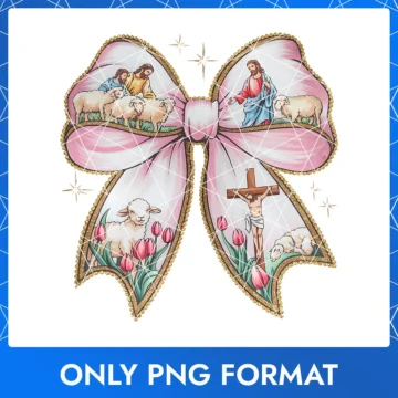 Religious Easter bow featuring a cross and Bible verse, ideal for Christian Easter designs.