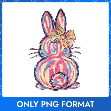 Bright and cheerful Easter bunny with a rainbow fur design and a bold yellow bow.