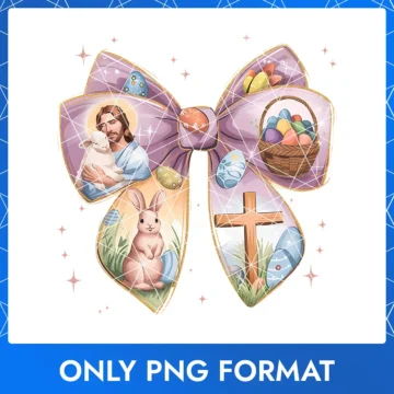 Religious Easter bow with Jesus, a cross, and Easter eggs, ideal for Christian Easter designs.
