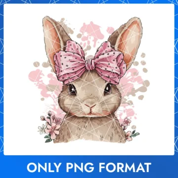 Soft and elegant Easter bunny with light pink floral accents and a pastel polka dot bow.