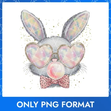 Glowing Easter bunny with rainbow heart glasses, pink bubble gum, and a delicate pink polka dot bow.