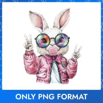 Fashionable Easter bunny wearing a pink bow, rainbow glasses, a pink jacket, and blowing bubble gum.