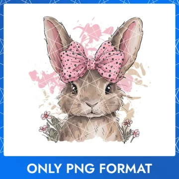 Retro-style Easter bunny with a classic pink bow, perfect for vintage Easter-themed designs.