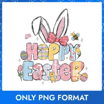 Colorful 'Happy Easter' Text with Bunny Ears, Pink Bow & Eggs PNG
