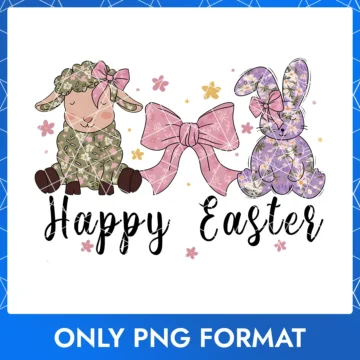 Easter Bunny & Sheep with Floral Patterns, Pink Bow & 'Happy Easter' Text PNG