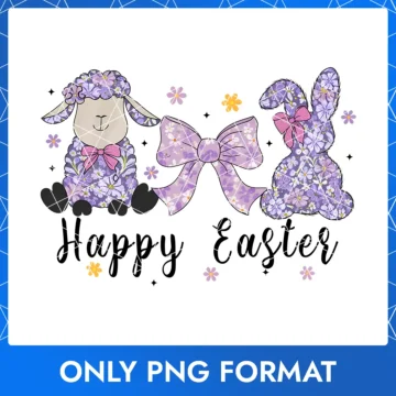 Easter Bunny & Sheep with Purple Floral Accents, Pink & Purple Bows – Happy Easter PNG