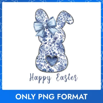Easter Bunny with Blue Floral Patterns, Bow & 'Happy Easter' Text PNG