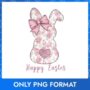 Easter Bunny with Floral Design, Sparkling Heart & Bow – Happy Easter PNG