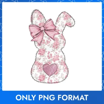 Easter Bunny with Floral Motif, Sparkling Heart & Pink Bow PNG
