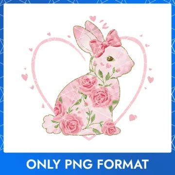 Easter Bunny with Rose & Leaf Motifs, Pink Bow & Heart Accent PNG