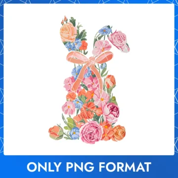 Easter Bunny with Vibrant Floral Background & Peach Pink Bow PNG