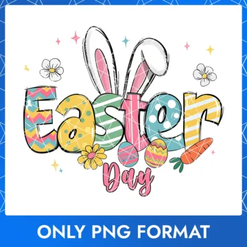 Easter Day Text with Bunny Ears, Colorful Eggs, Flowers & Carrots PNG