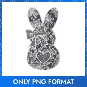 Elegant Black & White Lace Embroidered Bunny with Polka Dot Heart & Gray Bow PNG