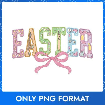 Embroidered Easter Text with Ribbon, Bunny & Floral PNG