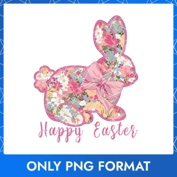 Floral Easter Bunny with Pink Bow & Happy Easter Text – Watercolor Style