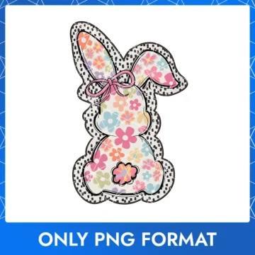 Floral Pattern Bunny with a Pink Bow and Black-and-White Polka Dot Border PNG