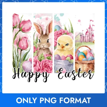 Magical Easter Scene with Bunny, Chicks, Eggs, Roses & Pink Castle - Happy Easters PNG
