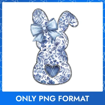 Minimalist Easter Bunny with Blue Floral Patterns, Bow & Heart Accent PNG