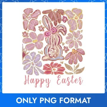 Pink Floral Easter Bunny with Gold Glitter Accents & 'Happy Easter' Text