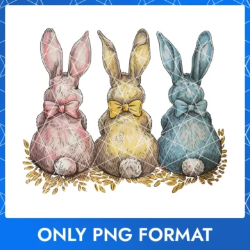 Vintage Easter Bunnies in Pink, Yellow & Blue with Matching Bows PNG