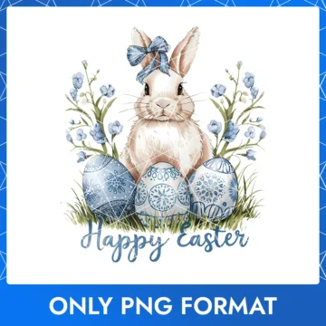White Easter Bunny with Blue Bow, Decorated Eggs & 'Happy Easter' Text