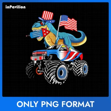 4th of July T-Rex Dinosaur Monster Truck with American Flag PNG