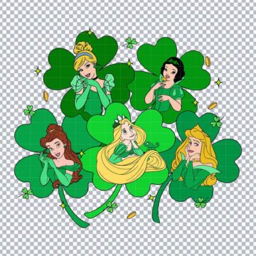 Disney Princess Four Leaf Clover St Patrick's Day PNG for DTF Printer, T-Shirt Printing or More - High Resolution
